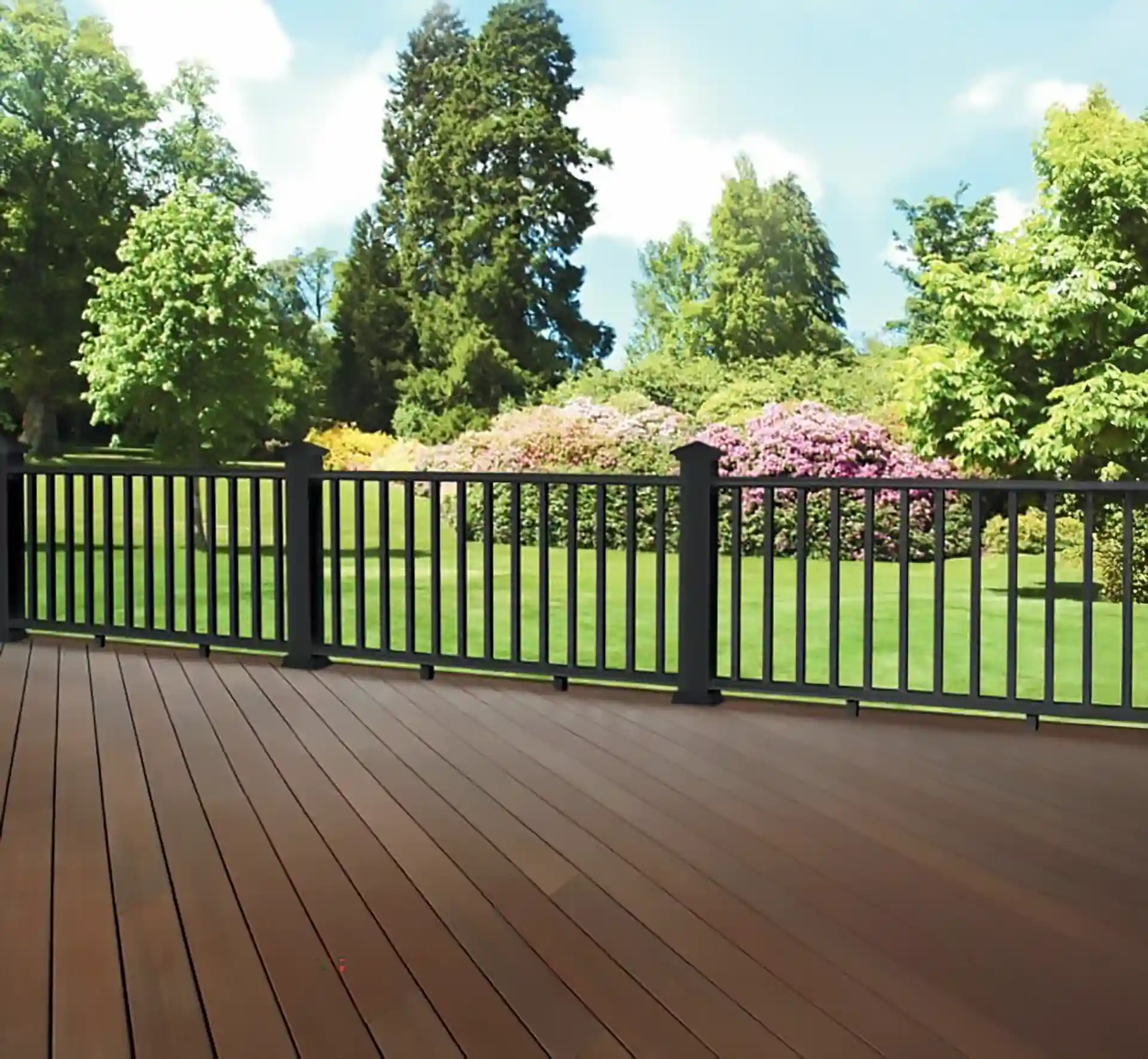 photo of a composite deck with black metal deck railing - Best Deck Railing Materials - Deck Railings contractor near me