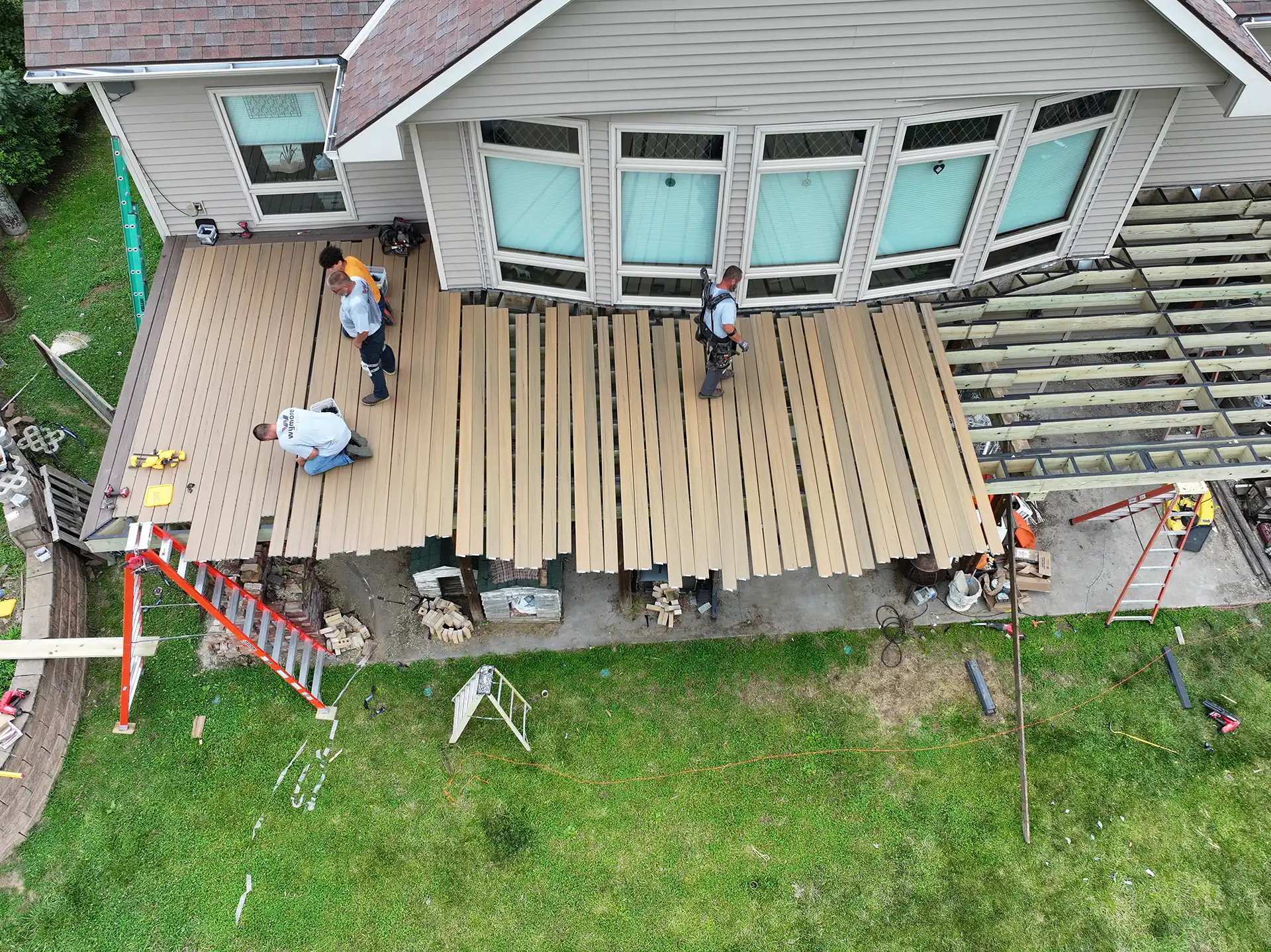 aerial photo of the Wymore Deck & Fence crew building a new raised deck