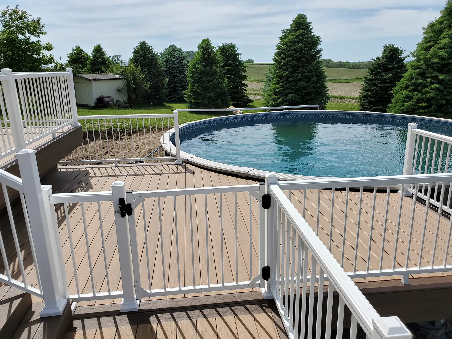 a photo of a multi-level pool deck